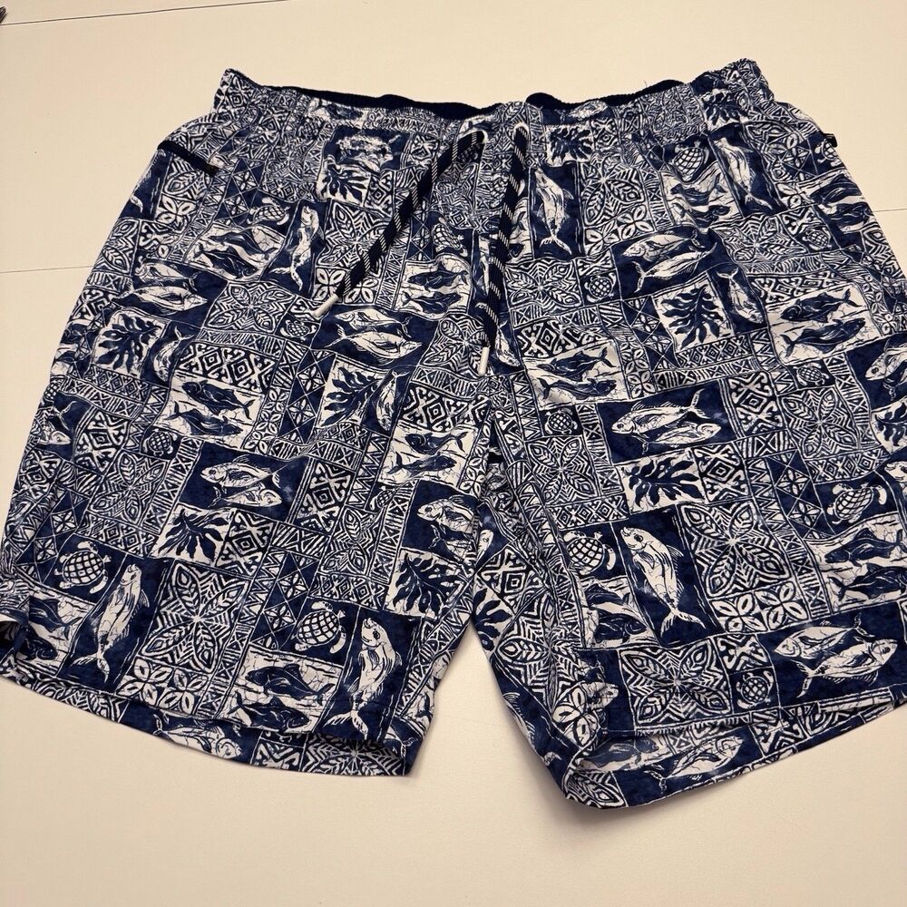 Lands’ End Mens  9” Volley Swim Trunks Shorts Navy Fish Block Print‎ Sz XL